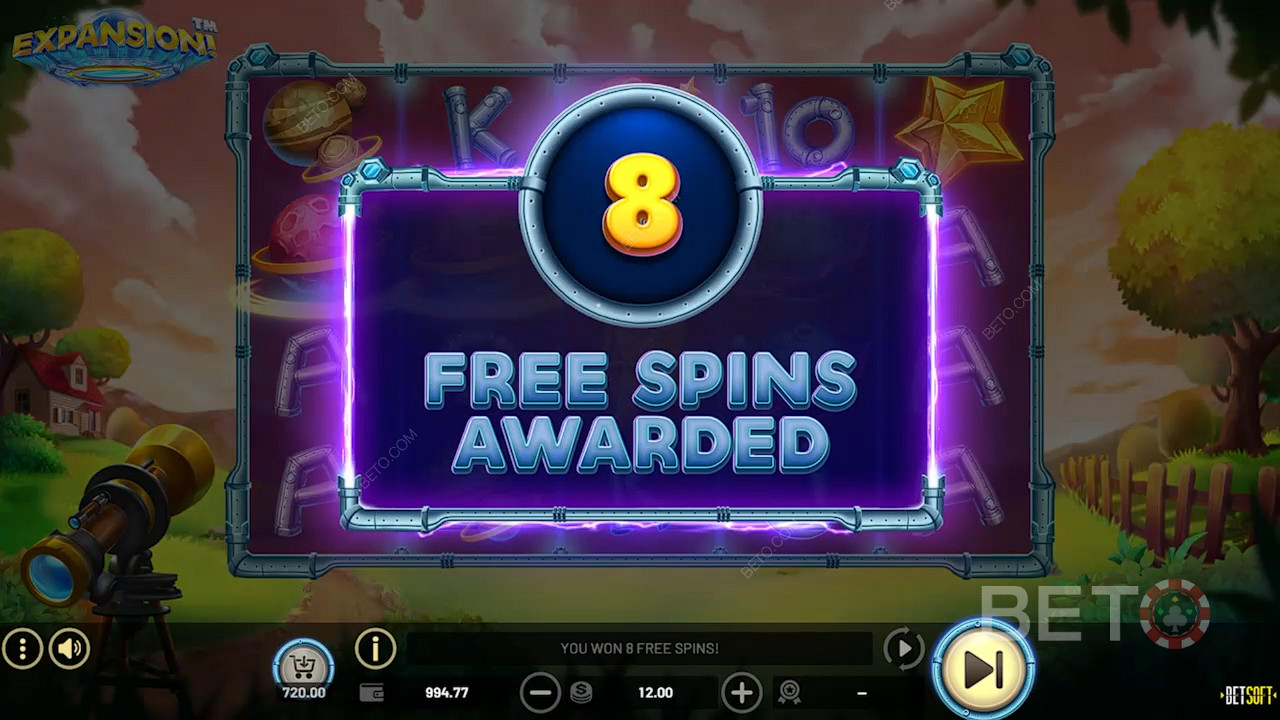 3 Scatters grant you 8 Free Spins, mate