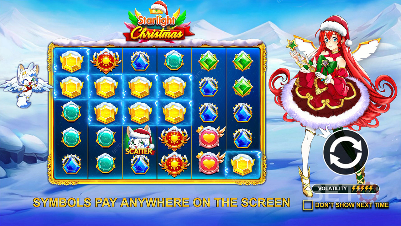 Forget paylines and score wins anywhere on the reels in Starlight Christmas pokie