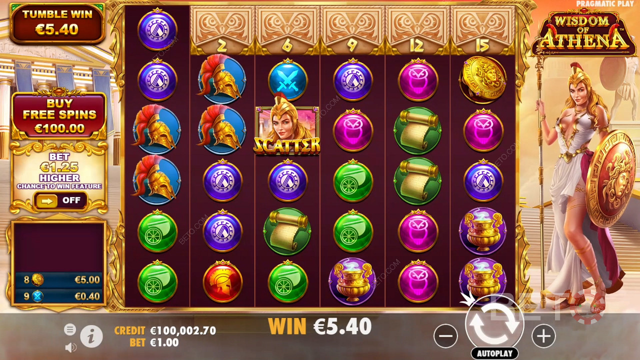 Nab Free Spins or try the Ante Bet in the Wisdom of Athena pokie machine