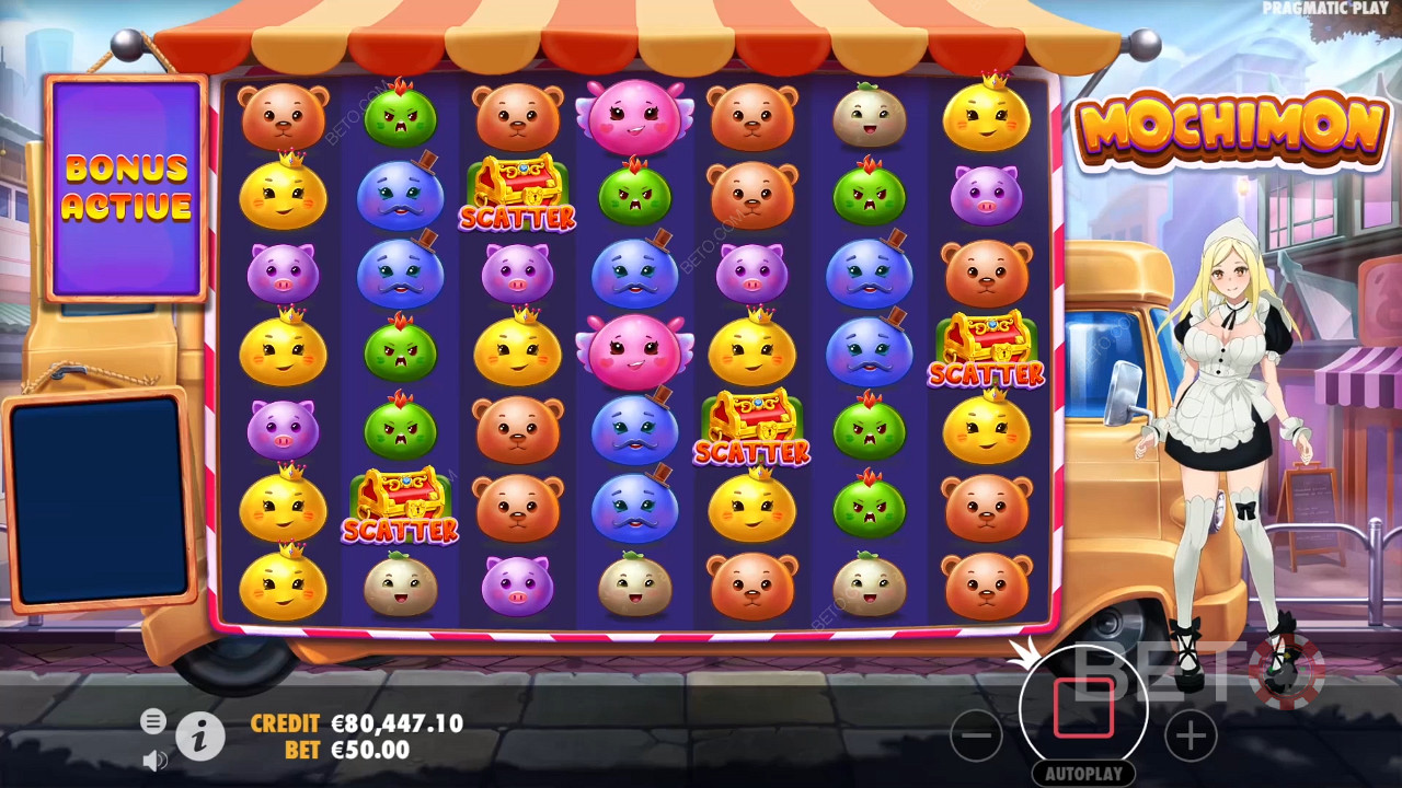 3+ Scatters grant Free Spins in the Mochimon pokie game