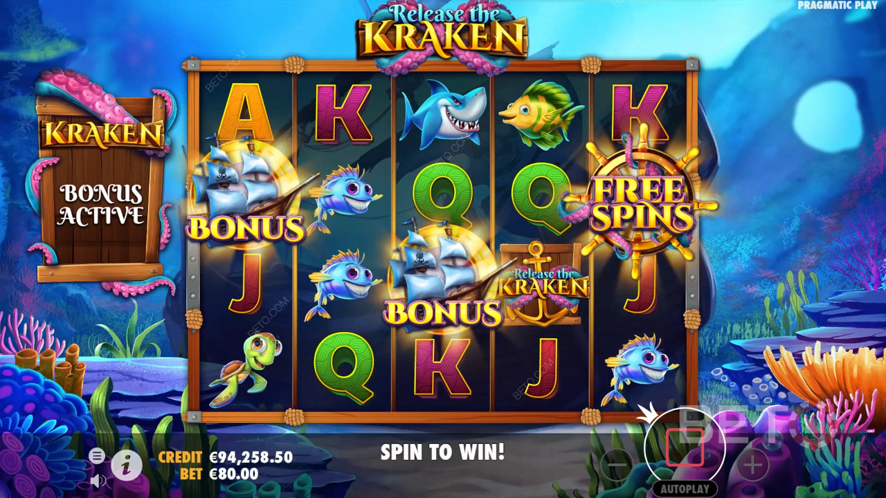 2 Scatters and 1 Free Spins symbol trigger Free Spins in Release the Kraken pokie