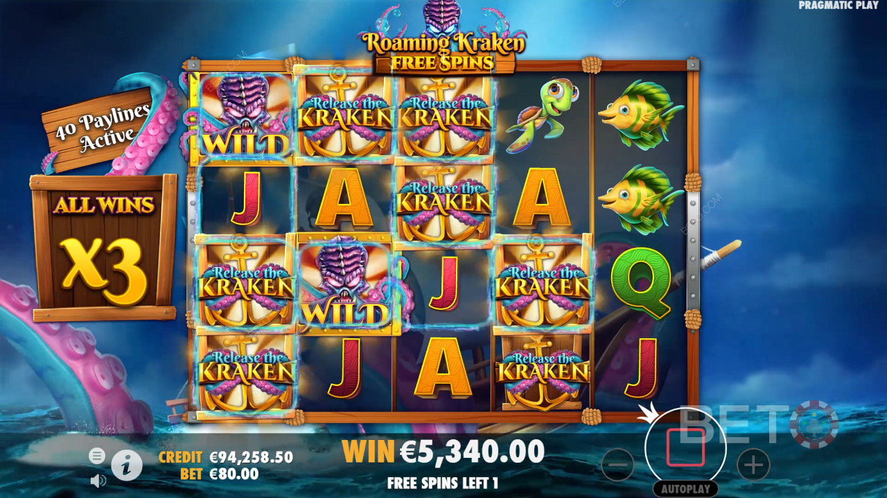 Sticky Wild symbols boost wins in Free Spins on Release the Kraken pokie