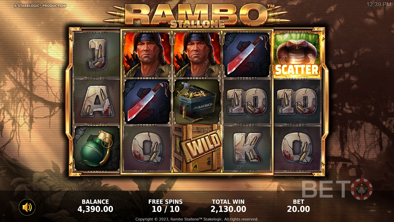 Experience thrilling Bonus Features in the action-packed Rambo online pokie
