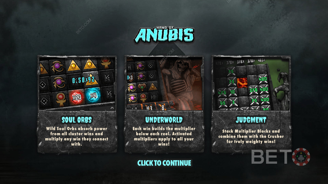 Experience 3 top-notch features in the Hand of Anubis online pokie