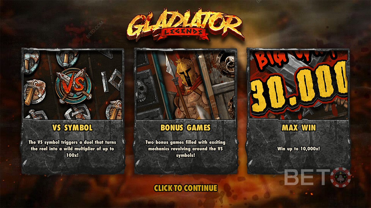 Score up to 10,000x your wager in the Gladiator Legends pokie game