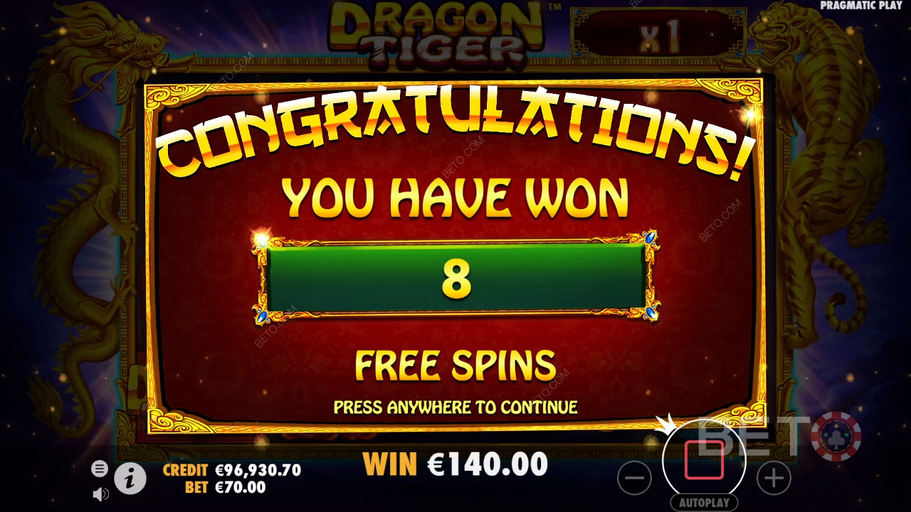 3 bonus symbols grant you 8 Free Spins, mate