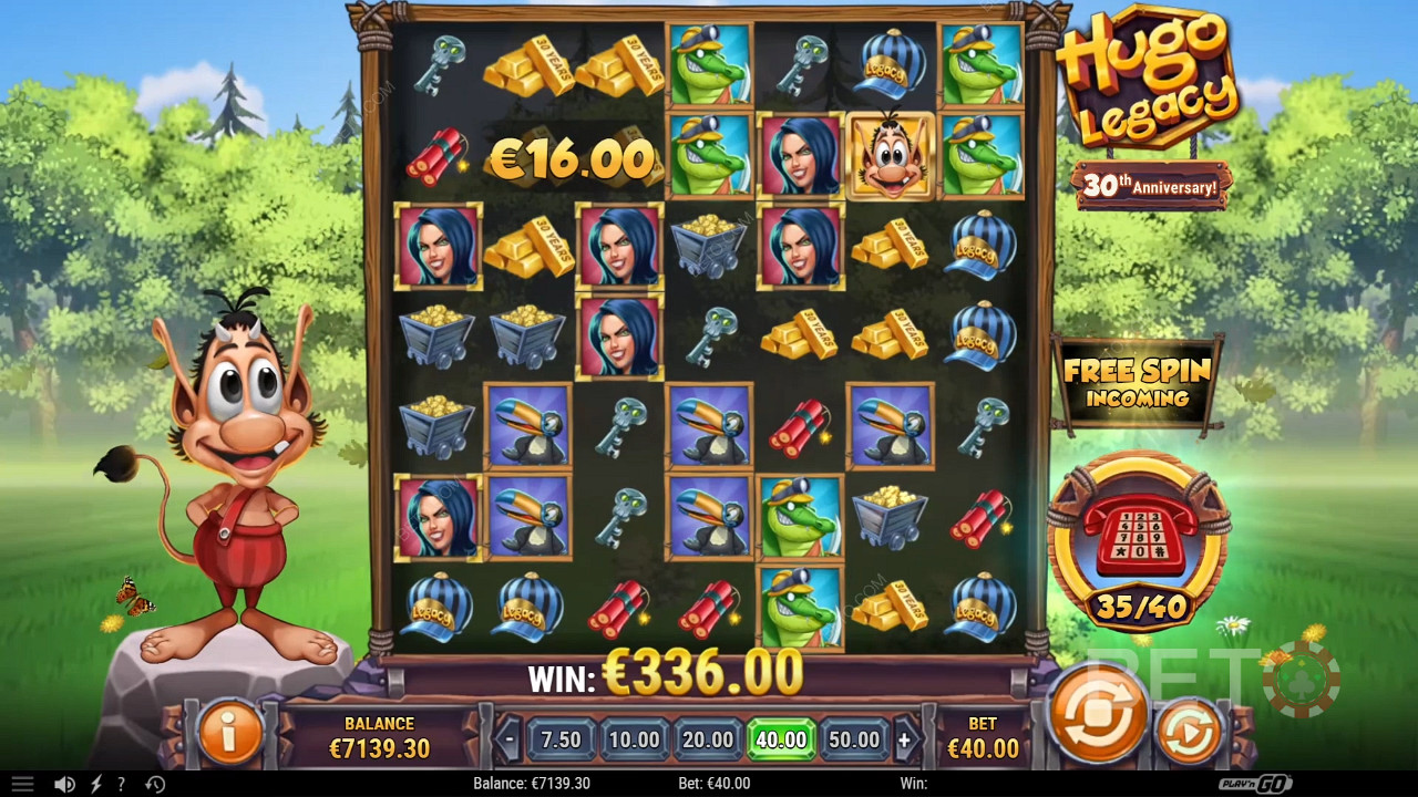 Rack up winning icons to unlock epic features in the Hugo Legacy online pokie