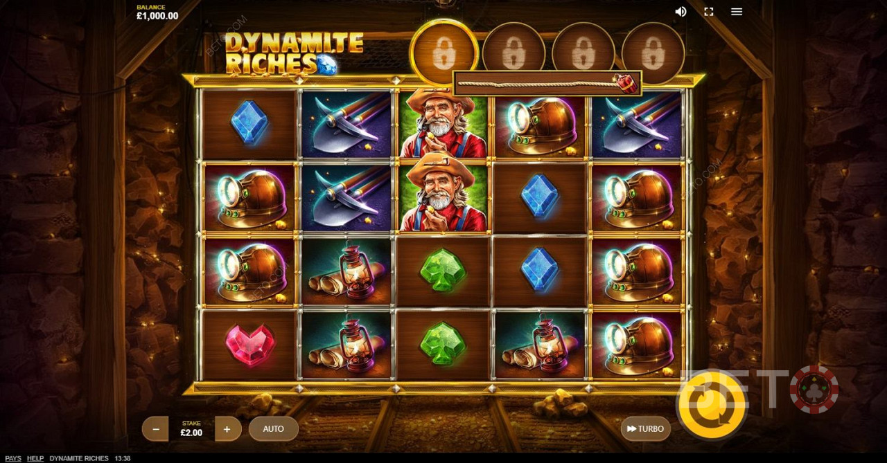 Score 15x your wager by matching 5 symbols on Dynamite Riches reels