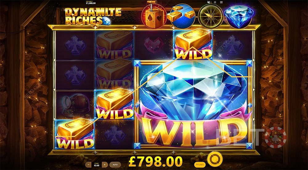 The Gold bar wilds and Expanding wilds can replace regular symbols to give you massive wins in Dynamite Riches