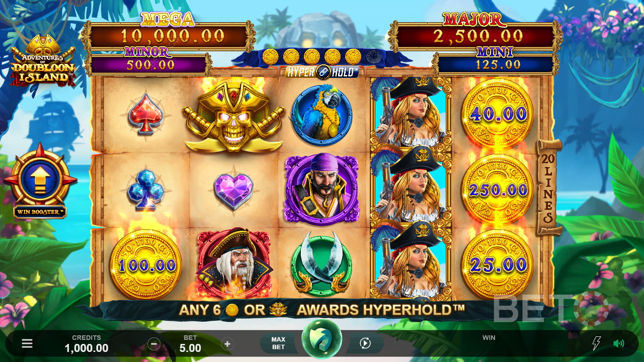 Kiwi Quest for Doubloon Island with a 96.01% RTP and a jackpot of 4,237x bet