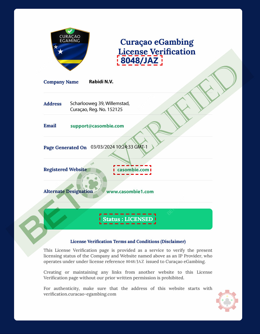 Casombie Casino holds a Curacao government licence