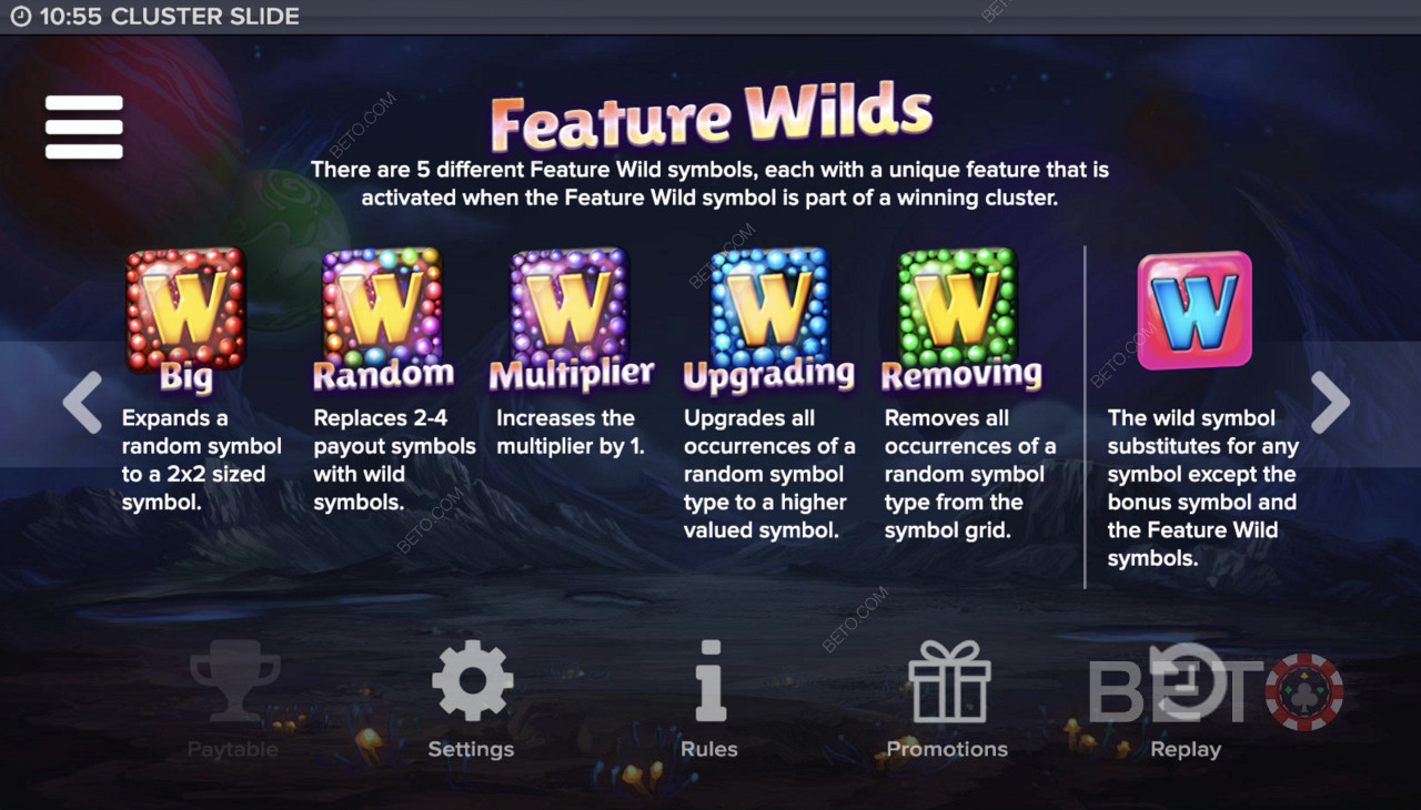 Feature Wilds in Cluster Slide Video Pokie