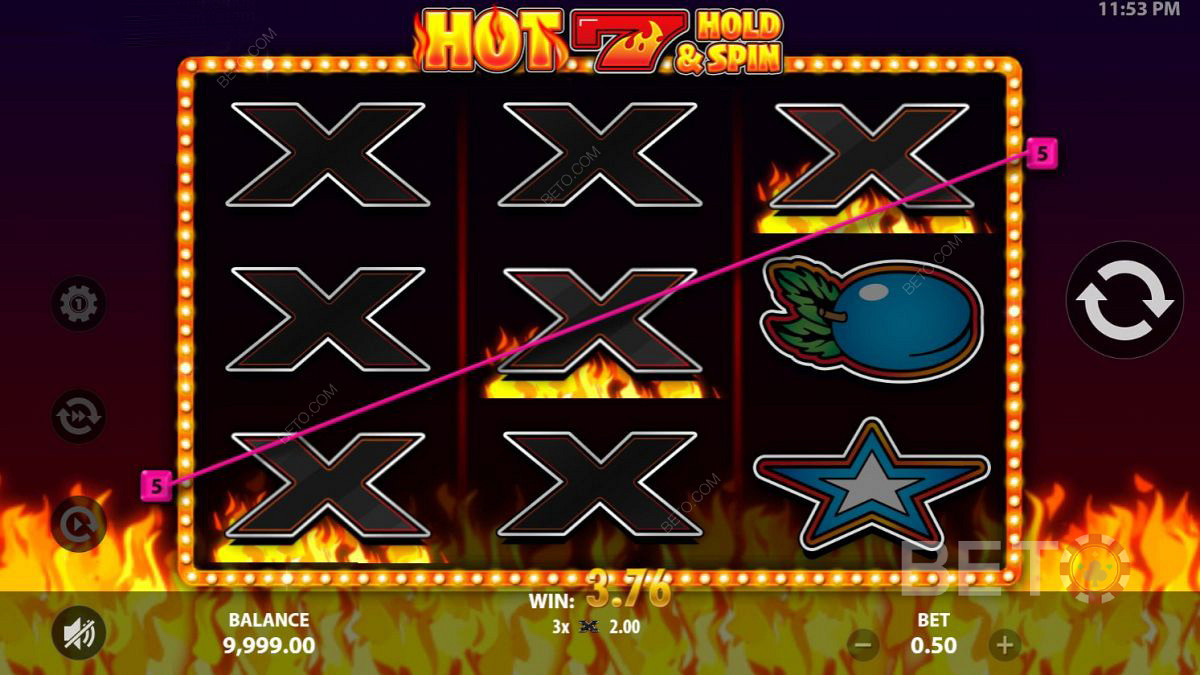 Scoring diagonal wins in Hot 7 Hold and Spin