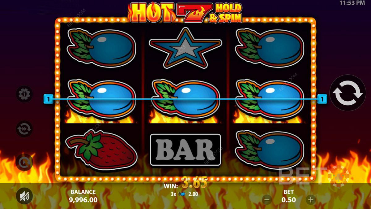 Scoring a triple on the Hot 7 Hold and Spin pokie