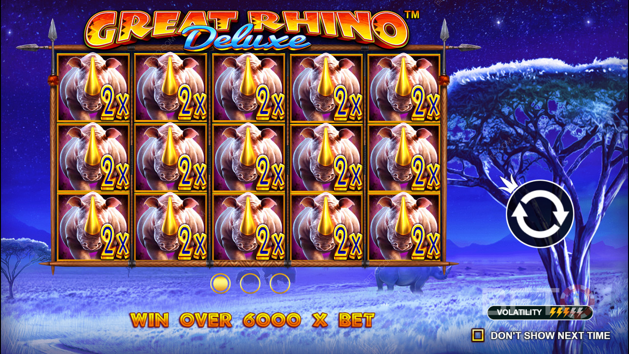 Bag 6,242x Your Wager in the Great Rhino Deluxe Pokie!
