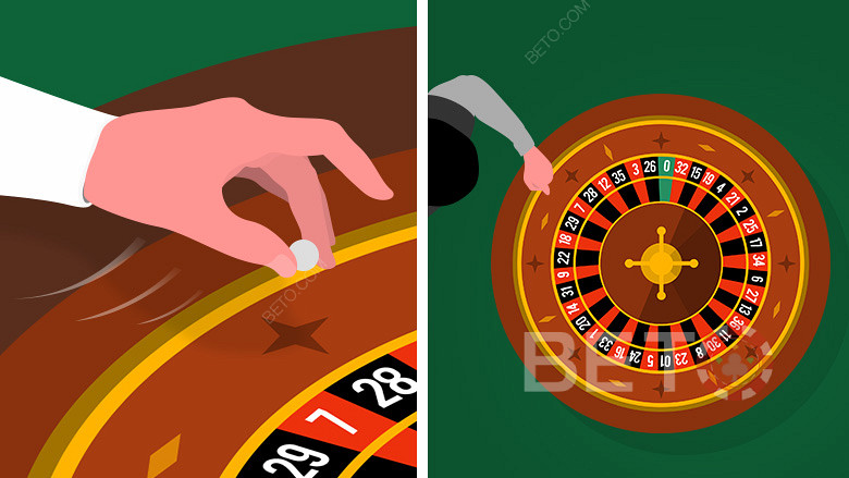 The croupier whirls the ball against the spin of the roulette wheel.