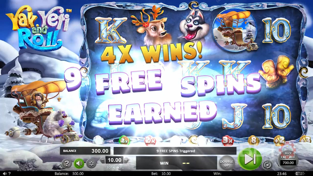 Score free spins in Yak, Yeti and Roll pokie by pushing the sledge