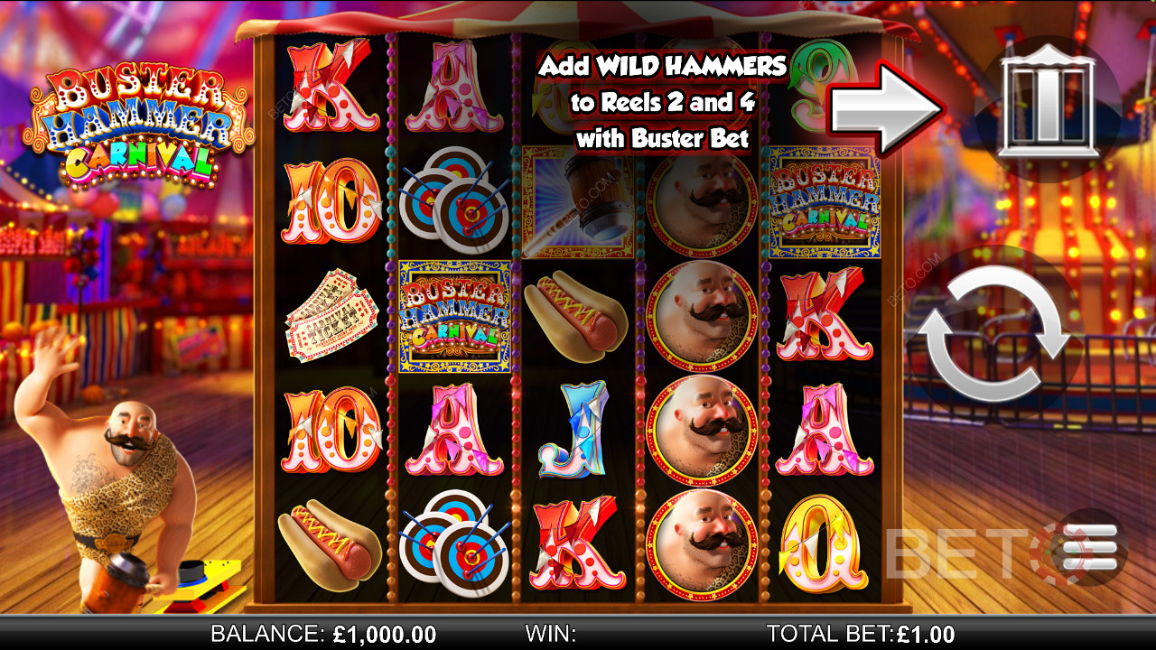 Buster Hammer Carnival - enjoy the Powerful Free Spins and the Gold Wild Hammer feature - a pokie from Reel Play