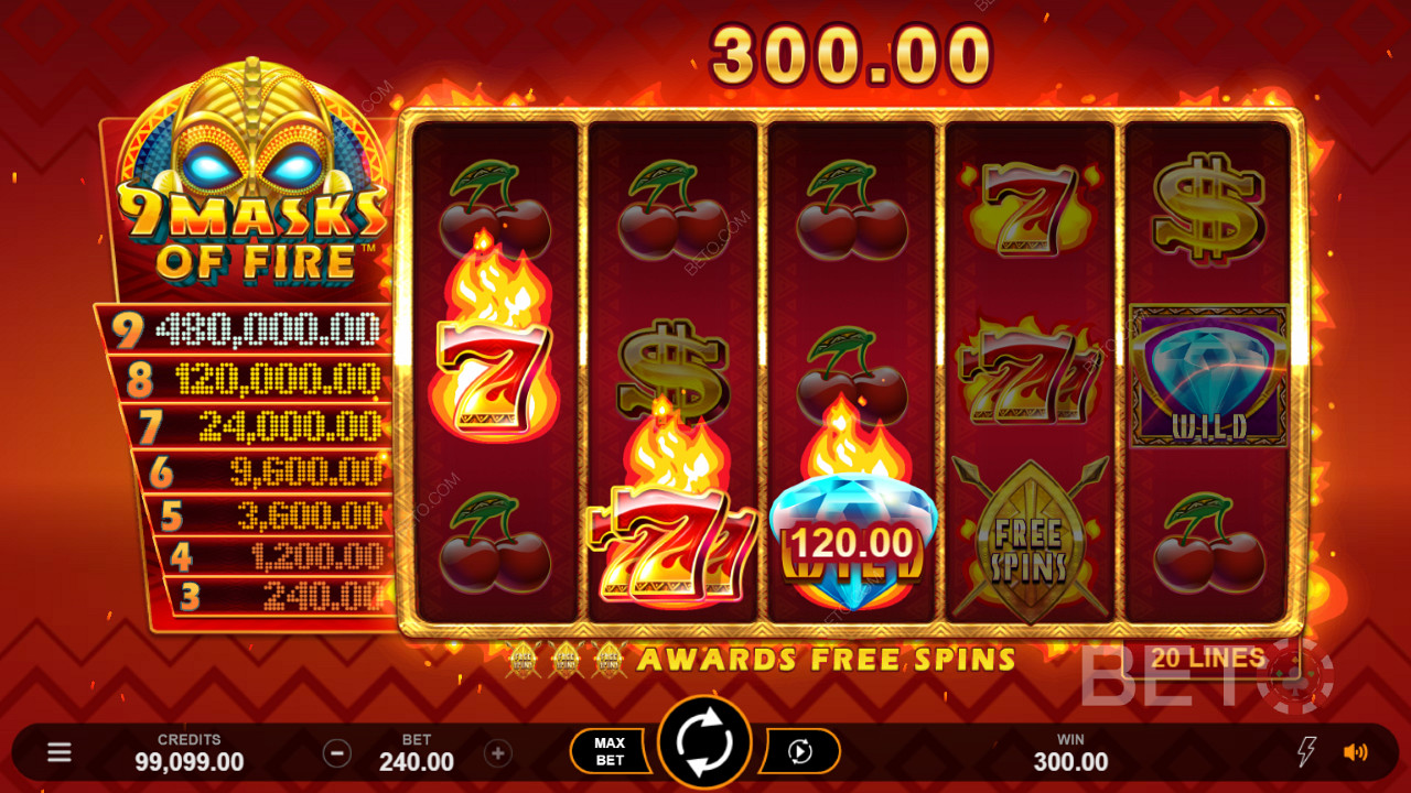 Symbols feature fiery Lucky Sevens, Dollar Signs, Bells, Bars, and Cherries