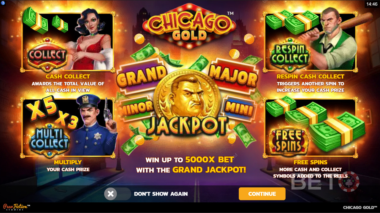 Score Collect features, Jackpots, and Free Spins in the Chicago Gold pokie machine