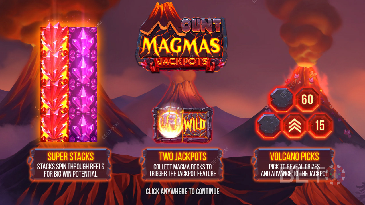Score Mega Stacks, 2 jackpots, and Volcano Bonus in Mount Magmas pokie