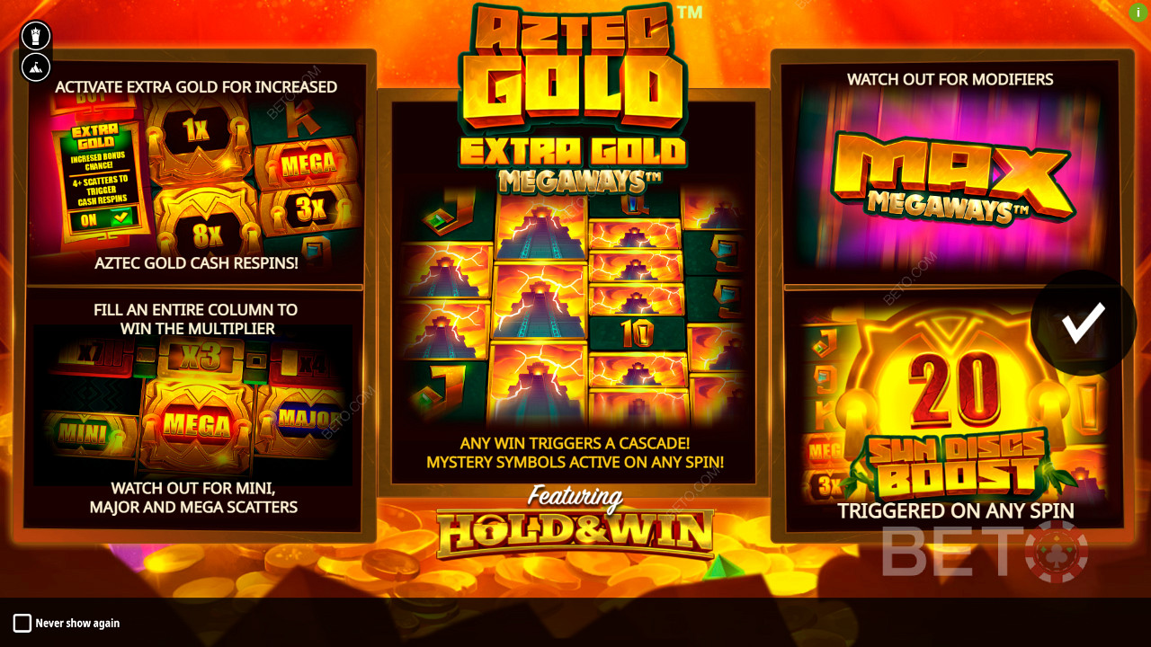 Score heaps of bonus features in Aztec Gold Extra Gold Megaways pokie