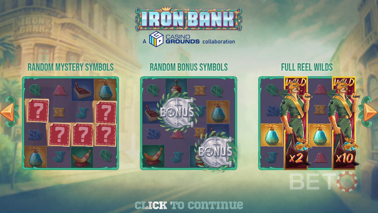 Discover top-notch features in the base pokie in Iron Bank game