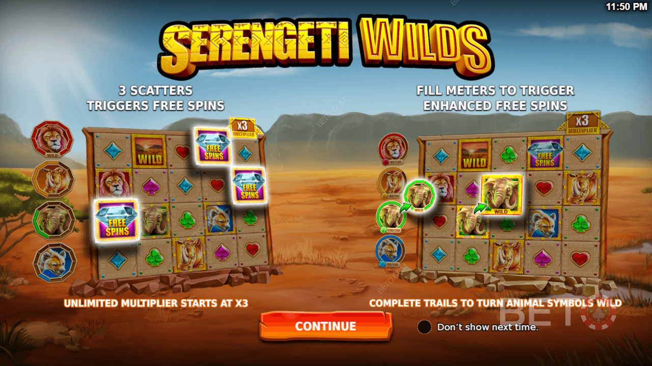 Experience thrilling features like Free Spins in Serengeti Wilds pokie game