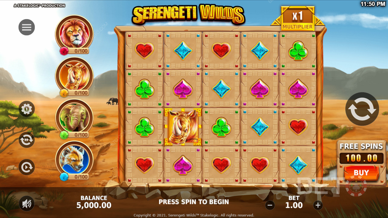 Splash out 100x your wager for Free Spins in Serengeti Wilds pokie