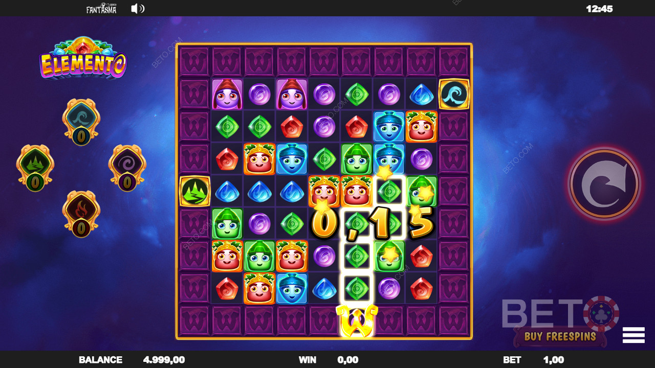 Match 5+ symbols in a cluster for a win - Element Wild symbols