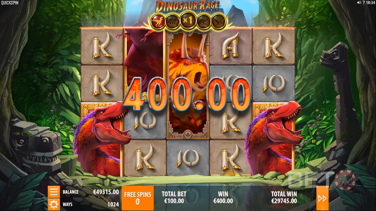 Scoring a 400-coin prize in Dinosaur Rage Pokie Machine