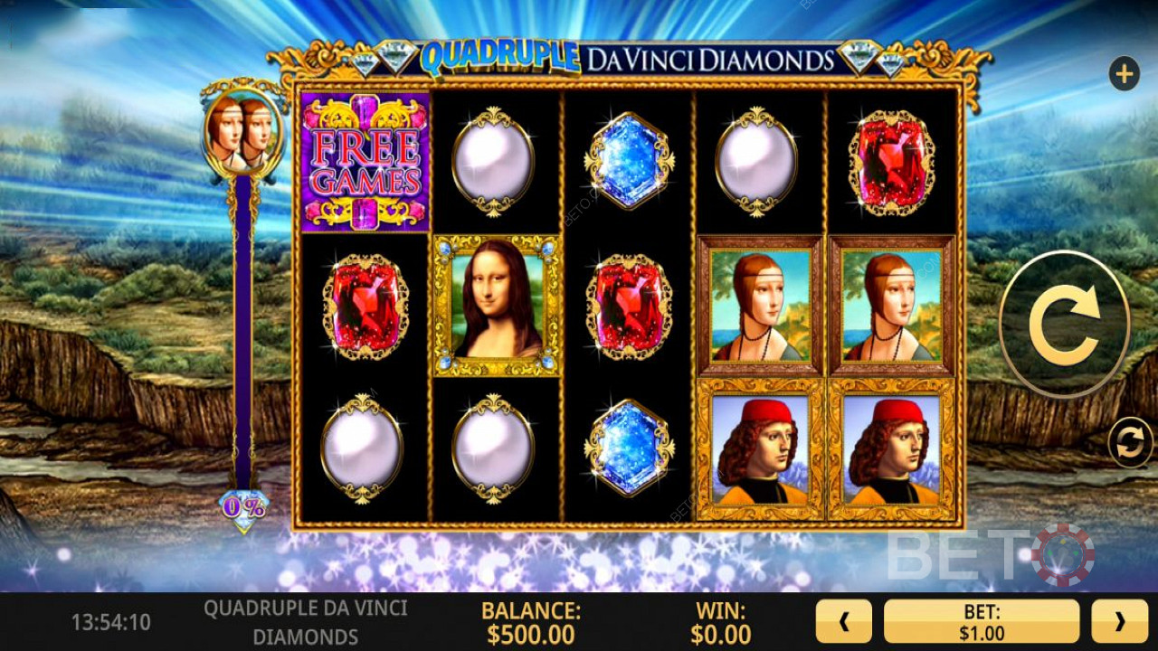 Score Free Spins, Spin Crease feature, and more in the Quadruple Da Vinci Diamonds pokie