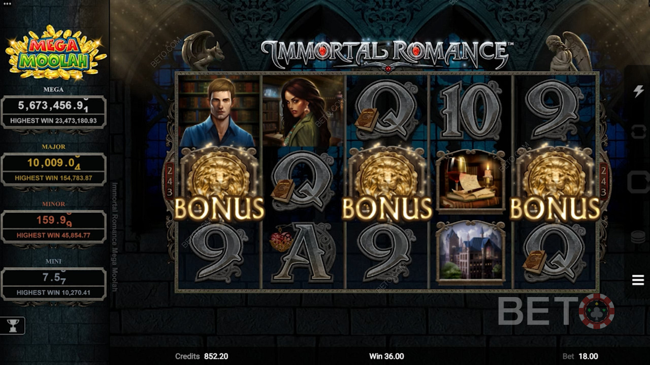 Three Scatter symbols launch the Free Spins Bonus in Immortal Romance Mega Moolah pokie