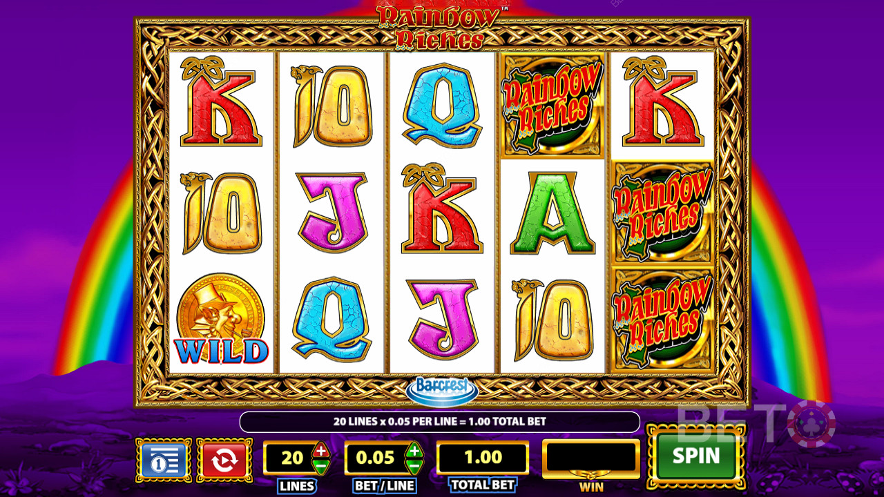 Rainbow Riches icons are the second-highest paying symbol in this pokie