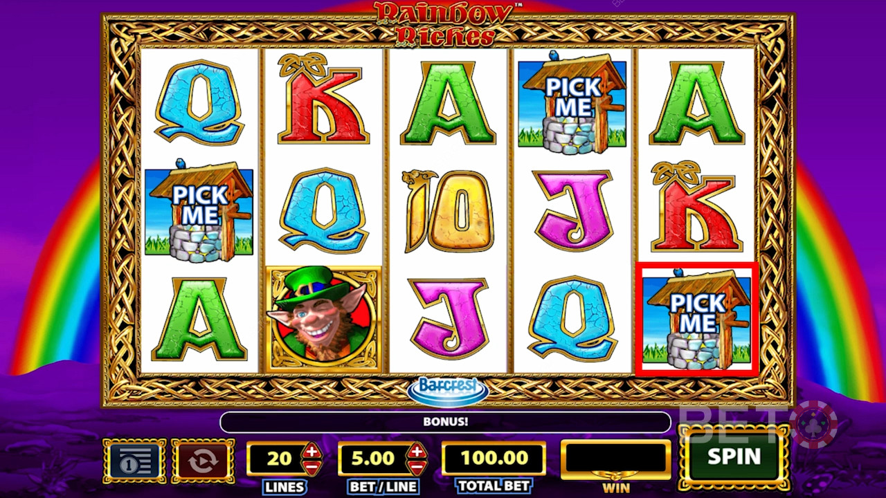 Activate Wishing Well bonus with 3 Pick Me icons on the reels