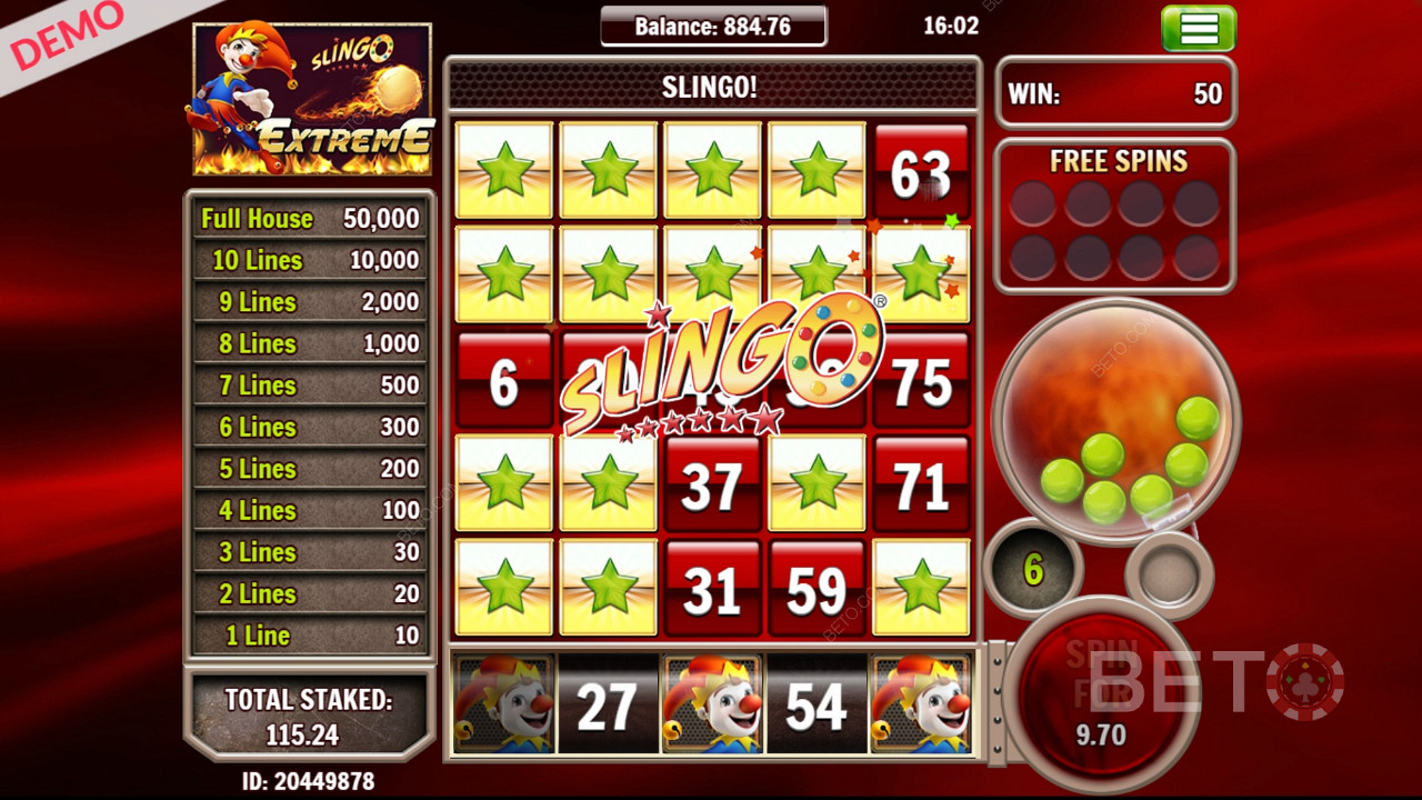 Slingo Extreme showcases a 5 by 5 grid with 25 unique digits
