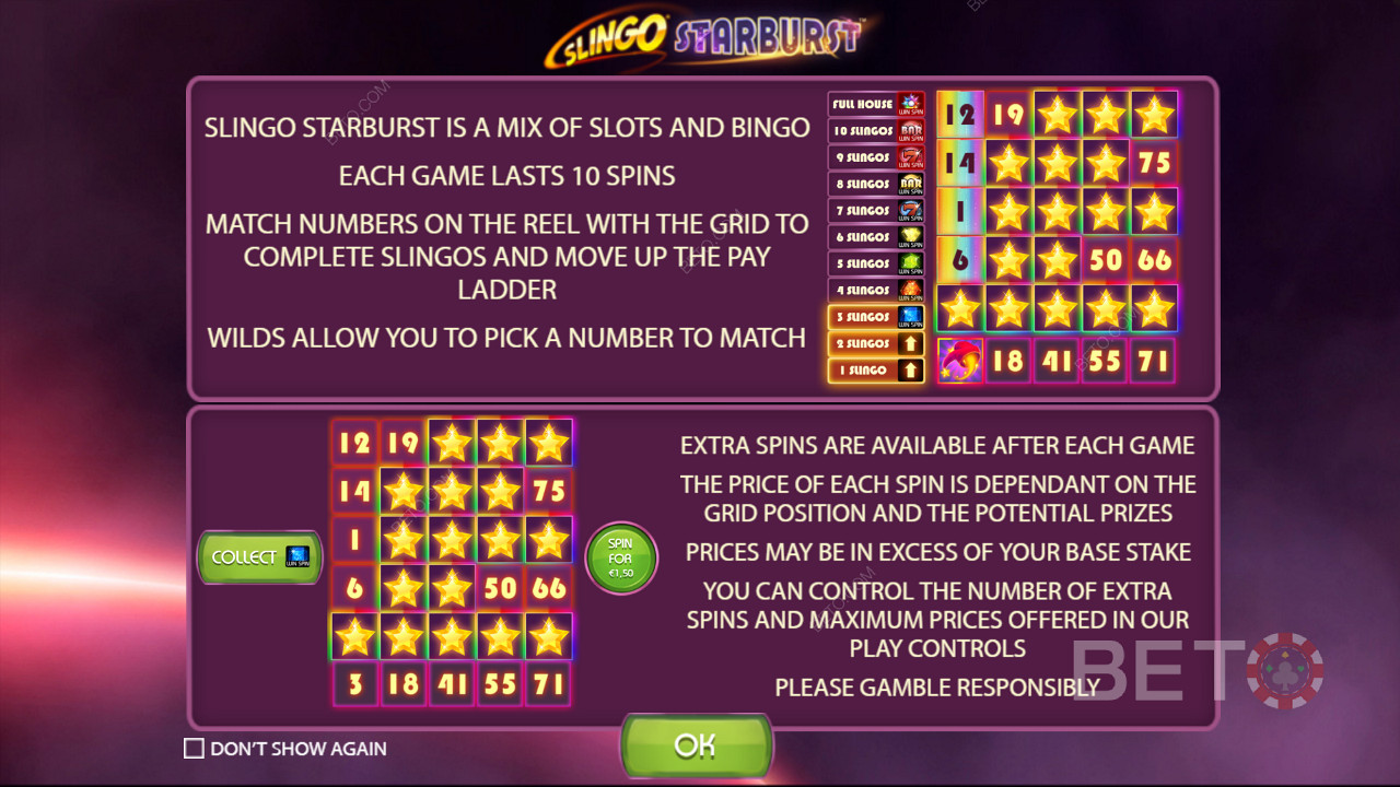 Paytable showing various details of the Slingo Starburst