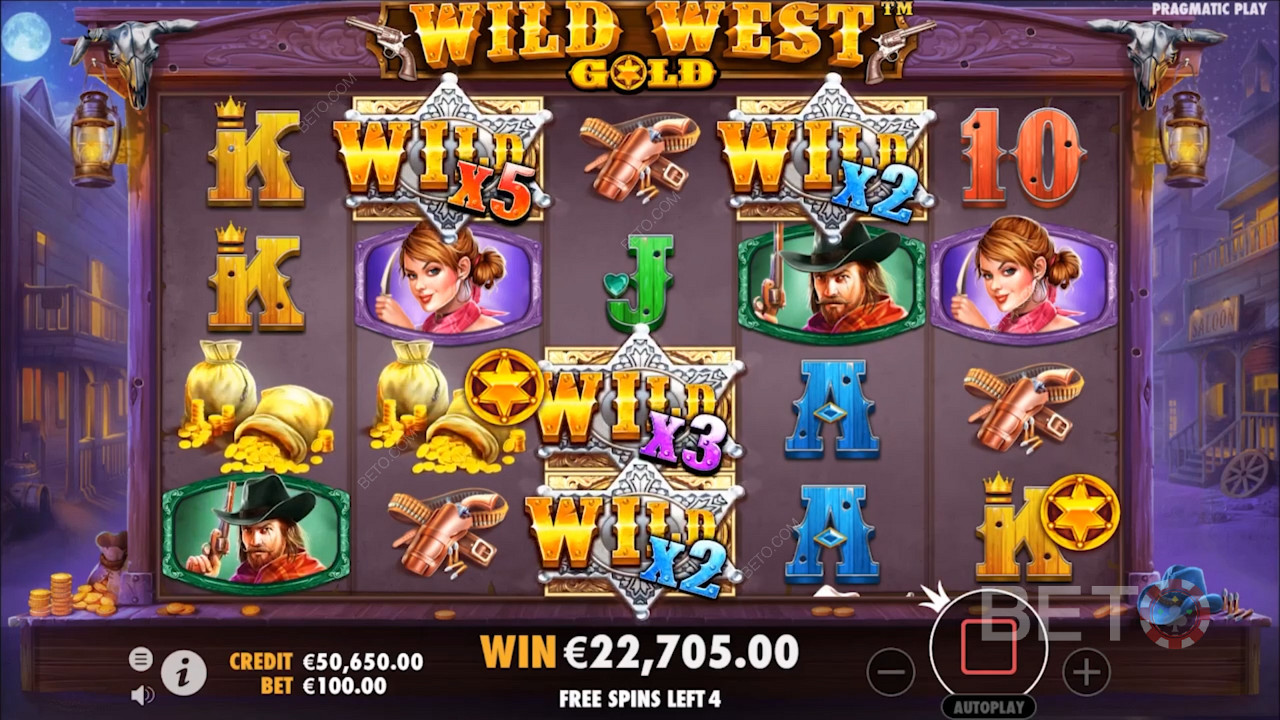 Multiplier Wilds in Wild West Gold pokie pack a punch