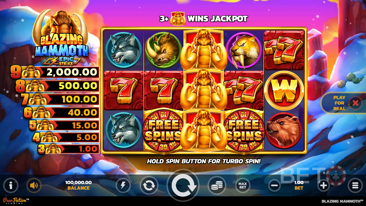 Score 3+ Mammoth symbols anywhere for wins in the Blazing Mammoth pokie