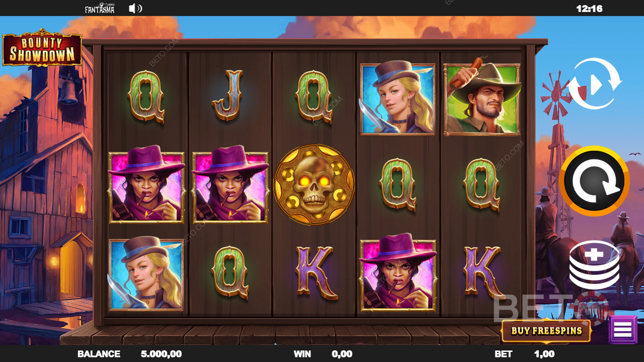 Play Bounty Showdown and wrangle cowboy themed symbols