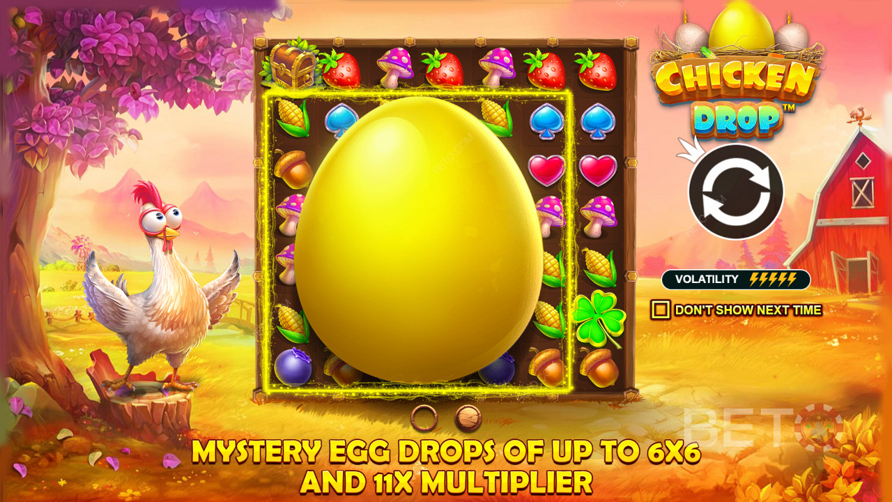 Crack open Multiplier eggs and big wins in Chicken Drop online pokie