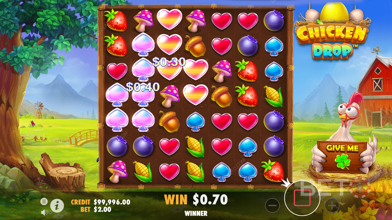 Score wins with symbol clusters in Chicken Drop online pokie