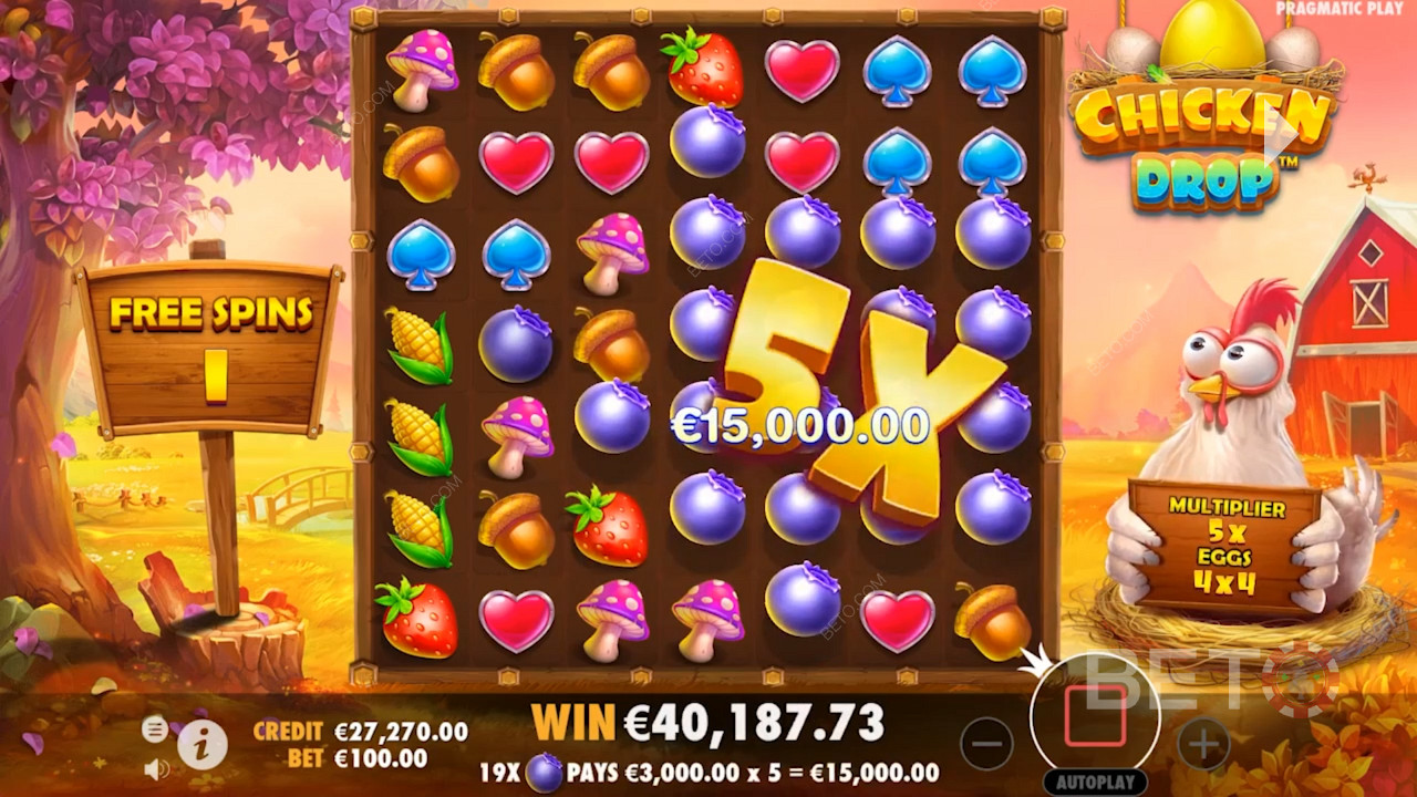 Score Progressive Multipliers, guaranteed egg drops, and more in the Free Spins