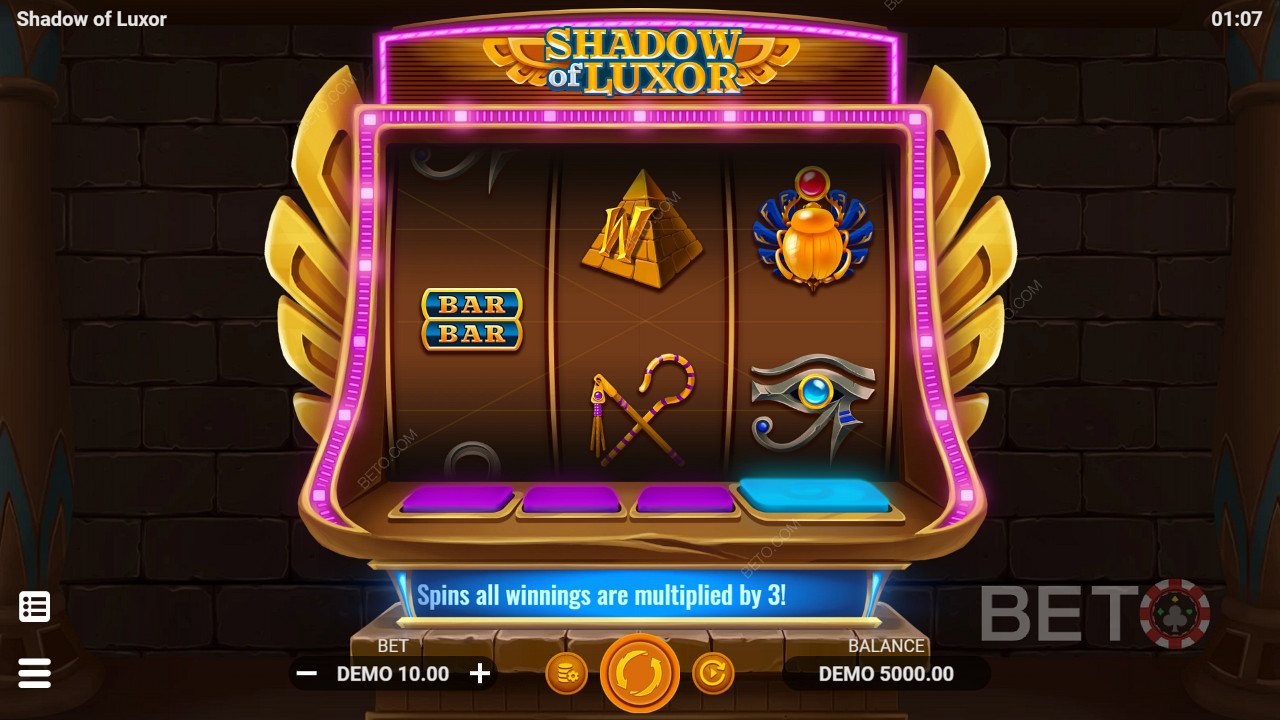 Three-reel pokie with classic and themed symbols in Shadow of Luxor