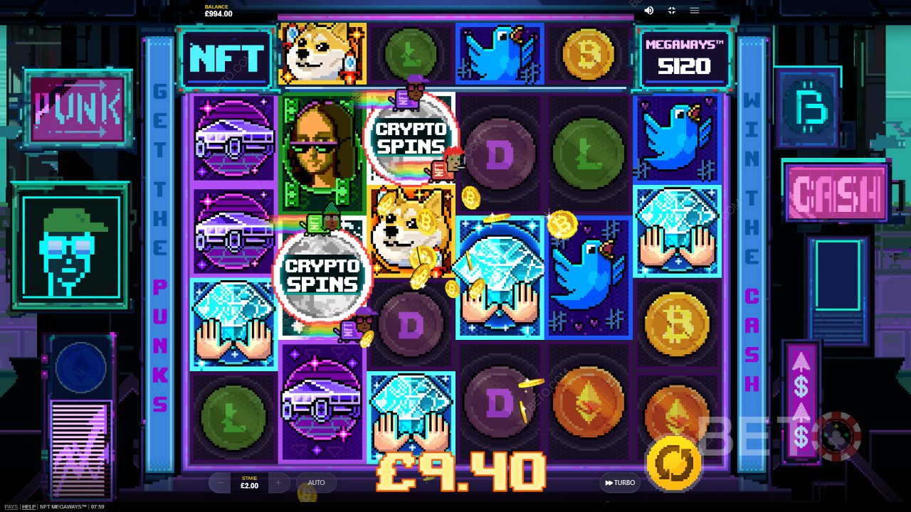 Score major payouts in base game on NFT Megaways online pokie