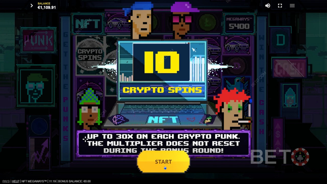 Score 10 Free Spins in NFT Megaways by landing 3 or more Scatters