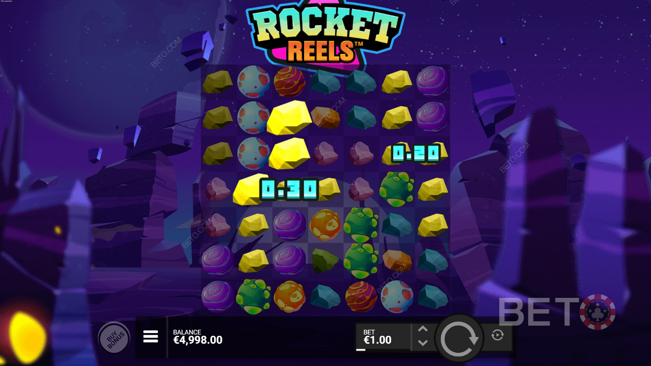Kiwi players need 5+ matching symbols for a Cluster win on Rocket Reels