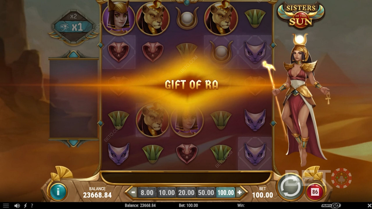 Score a Scatter symbol randomly via Gift of Ra in Sisters of the Sun pokie game