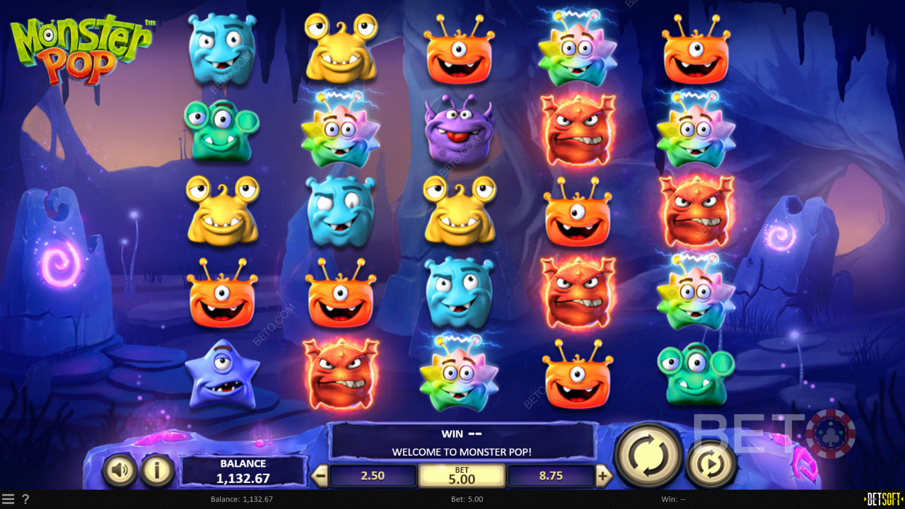 Experience a lively theme and unique icons in Monster Pop online pokie