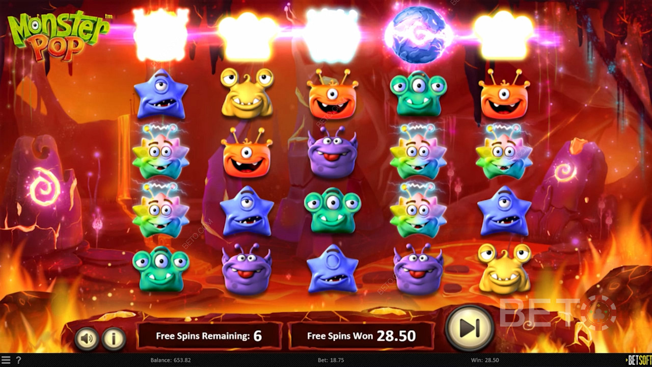 See the reels grow during Free Spins in Monster Pop pokie machine